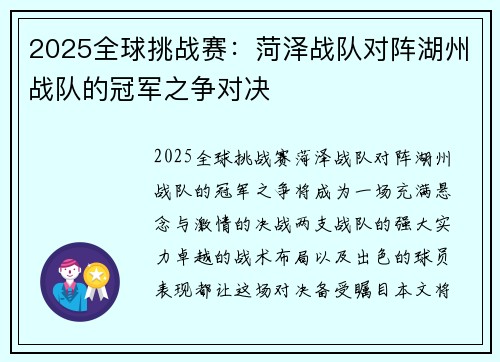 2025全球挑战赛：菏泽战队对阵湖州战队的冠军之争对决