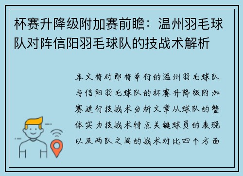 杯赛升降级附加赛前瞻：温州羽毛球队对阵信阳羽毛球队的技战术解析